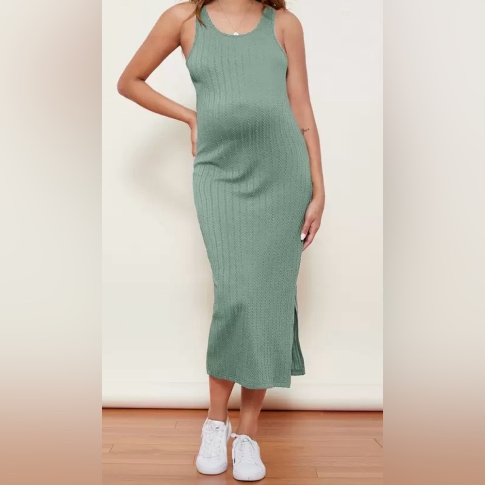 Sleeveless Green Ribbed Knit Maternity Dress - Picture 1 of 6